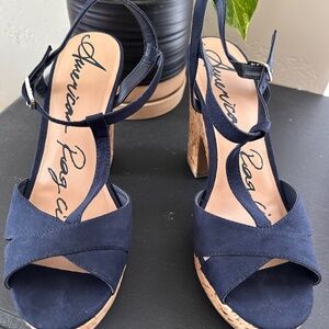 American Rag Cie Cork Navy T Ankle Strappy Wedges